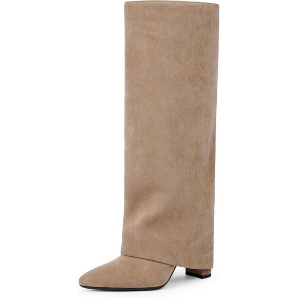 Shoes - Women's Camel Modatope Knee High Fold Over Chunky Heels Zipper Tall Boots